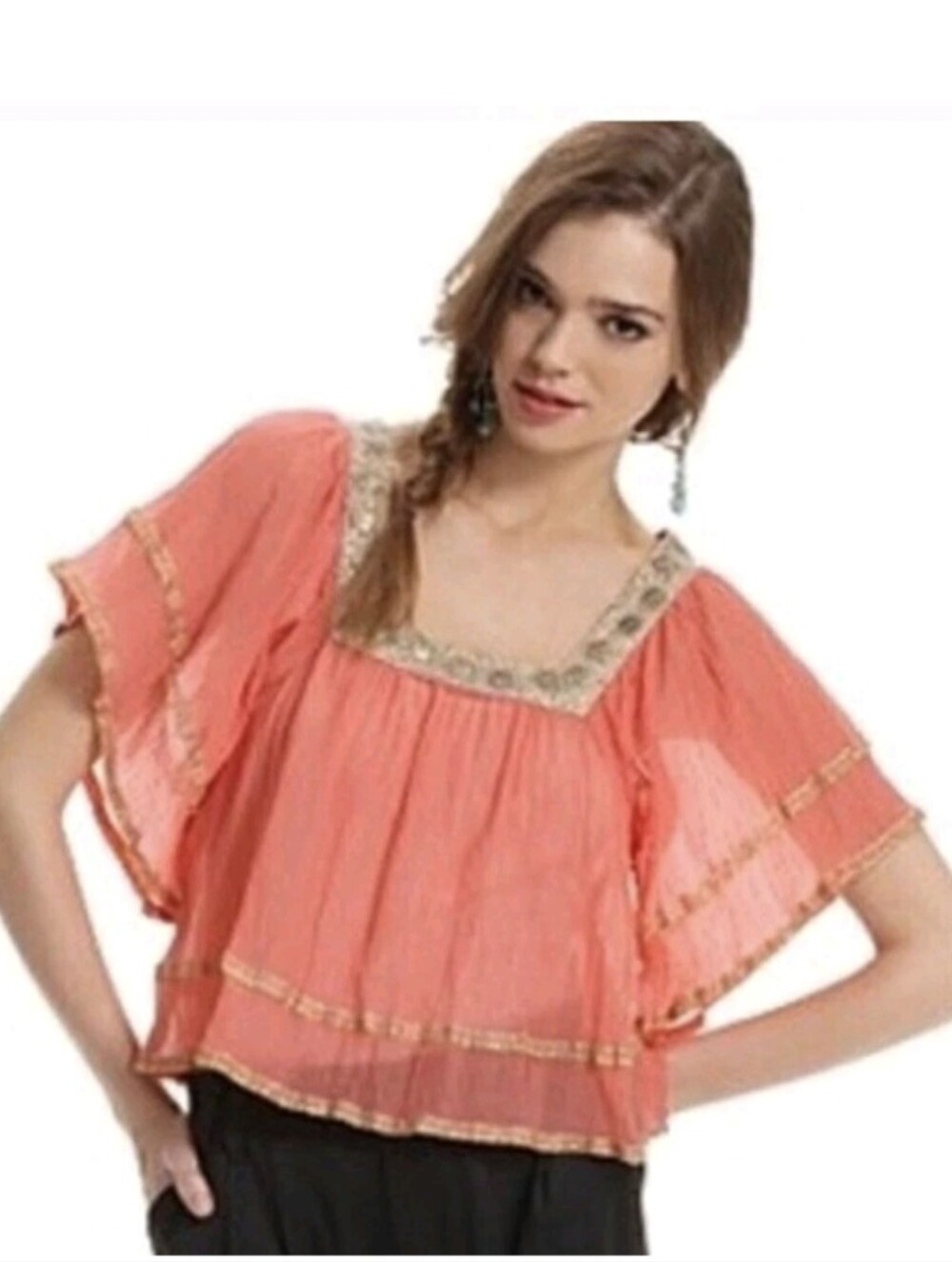Free People Coral Flutter-Sleeve Peasant Top with Metallic Trim